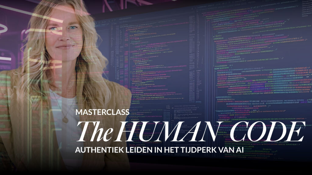 Vrouw voor computerscherm met kleurrijke code, promotie voor masterclass over authentiek leiderschap in het AI-tijdperk.
