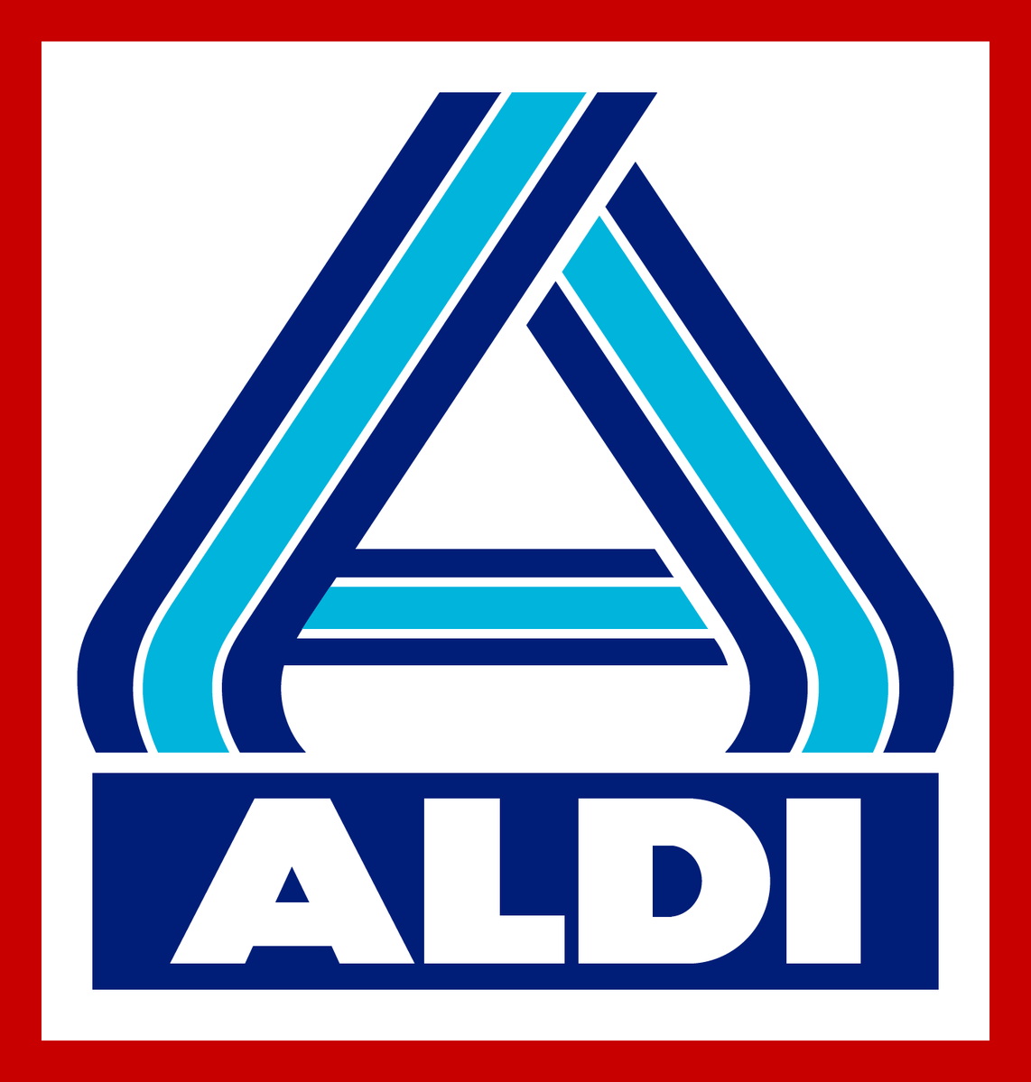 Logo van ALDI Nord uit 2015 met blauwe en lichtblauwe lijnen in een abstracte A-vorm en de merknaam "ALDI" eronder.