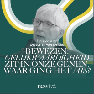 Portret van Jan Luiten van Zanden met afleveringstitel van de podcast "New Female Leaders" over gelijkwaardigheid.