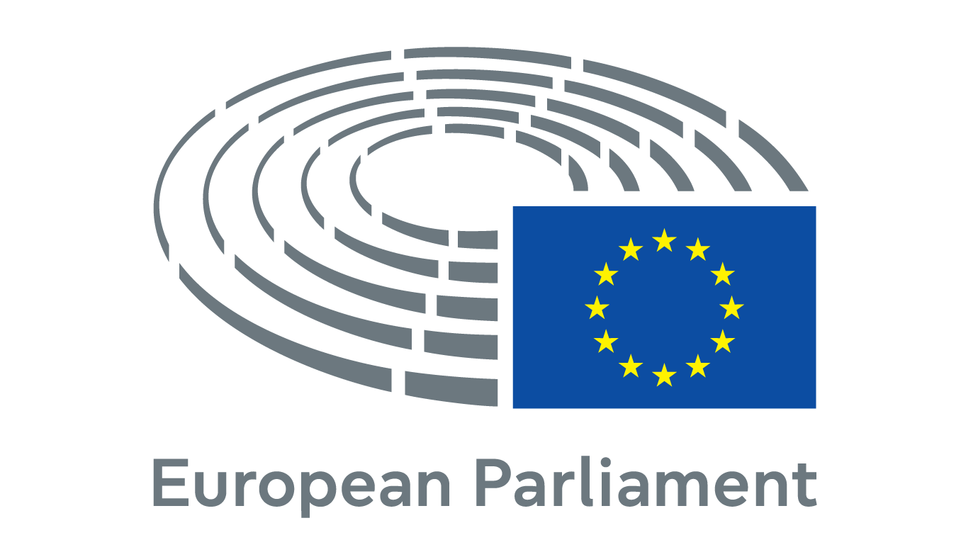Logo van het Europees Parlement met gestileerde halfronde lijnen en de EU-vlag met gele sterren op een blauwe achtergrond.