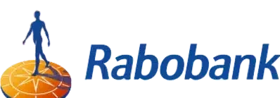 Logo van Rabobank met een wandelende figuur op een oranje kompasvormig symbool links van de blauwe bedrijfsnaam.