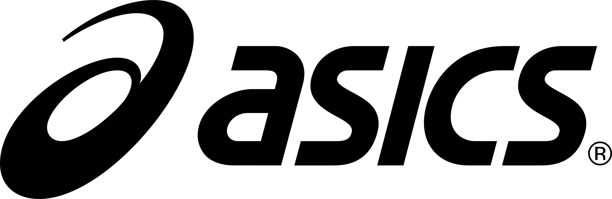 Het zwarte ASICS-logo met gestileerde, gebogen lijnen op een transparante achtergrond.