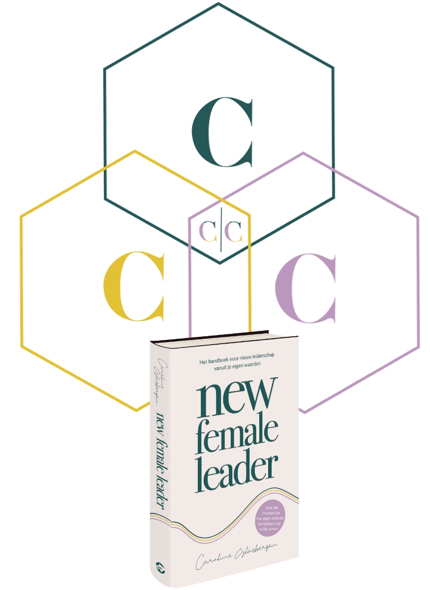 Boekcover van *New Female Leader* met op de achtergrond het 5C-model voor authentiek leiderschap.