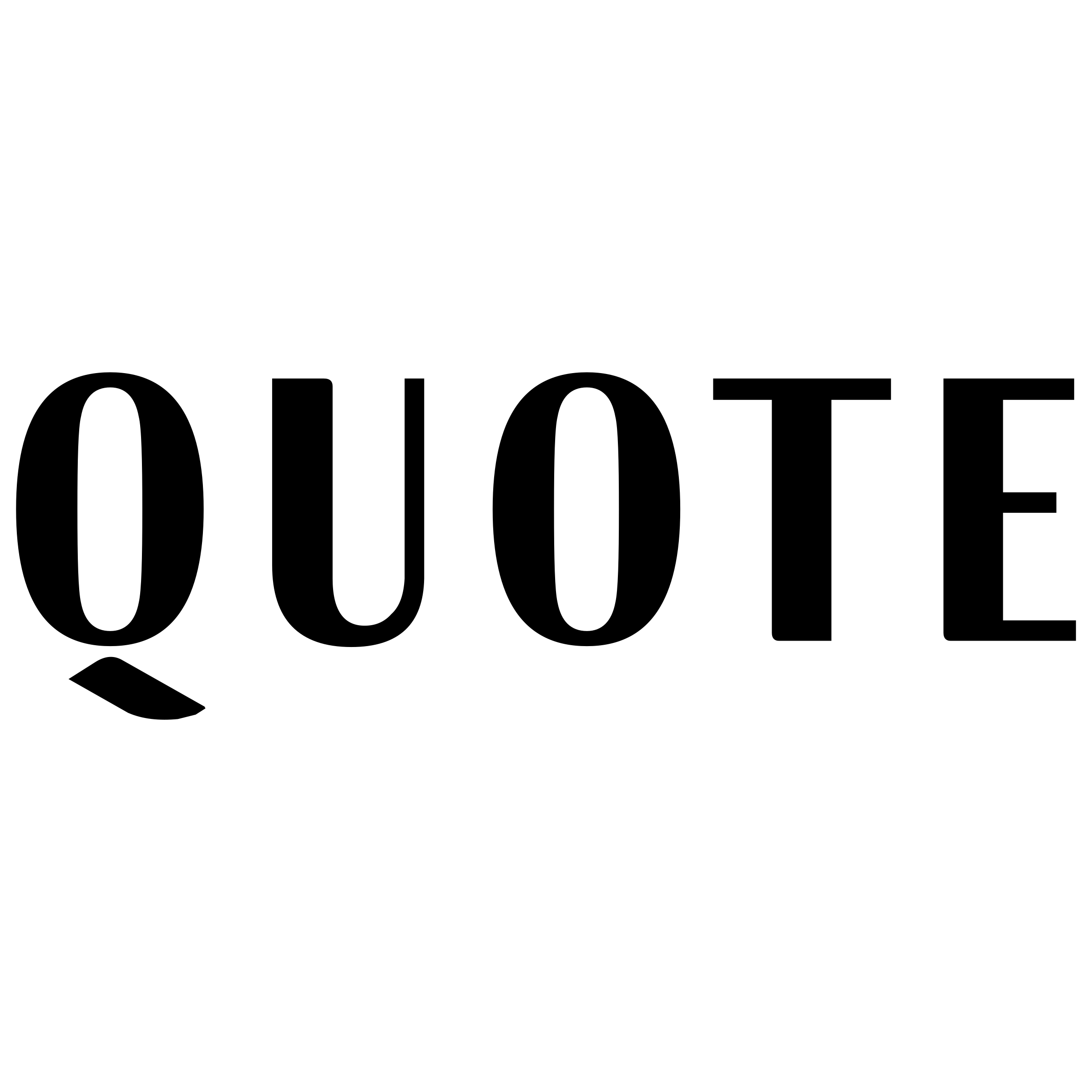 Zwart-wit logo van een aanhalingsteken in sierlijke stijl.