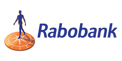Logo van Rabobank met een lopende figuur op een oranje kompasroos naast blauwe tekst.