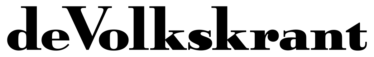 Zwart-wit logo van de Nederlandse krant de Volkskrant in sierlijk lettertype.